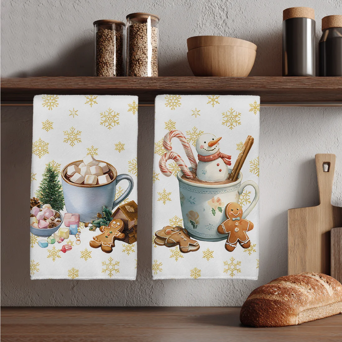 2PCS Christmas Snowman Marshmallow Snowflake Gingerbread Biscuit Kitchen Towels Dish Christmas Decor 40x60cm