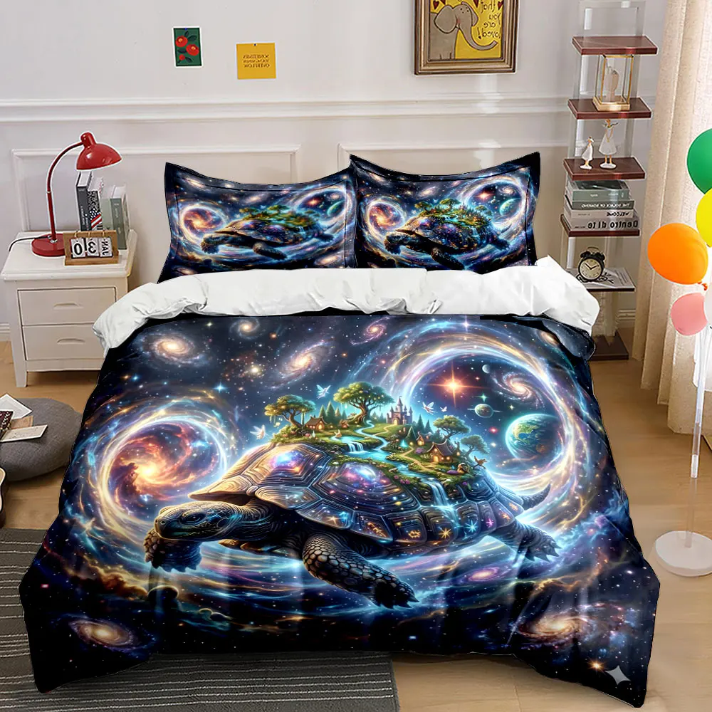 Dreamlike Turtle World in Cosmos Duvet Cover Set with 3D Printing Design Soft Polyester Bedding Set All-Season Comfort