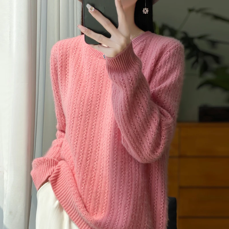 New Products in 2024. 100% Pure Wool Autumn And Winter Thick Loose Women's style. Solid Color. Round Neck Top Knitted Base Shirt