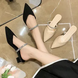 2024 Summer Women's Heeled Shoes New Pionted Toe Block Heel Slippers for Women Shallow Dress Office Ladies Mules Plus Size 43