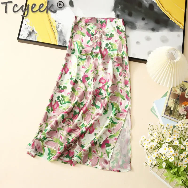 

Tcyeek Elegant Skirts for Women High Waist Midi Skirt Womens Clothing Spring Summer 100% Acetate Floral Split Skirts Jupes Femme