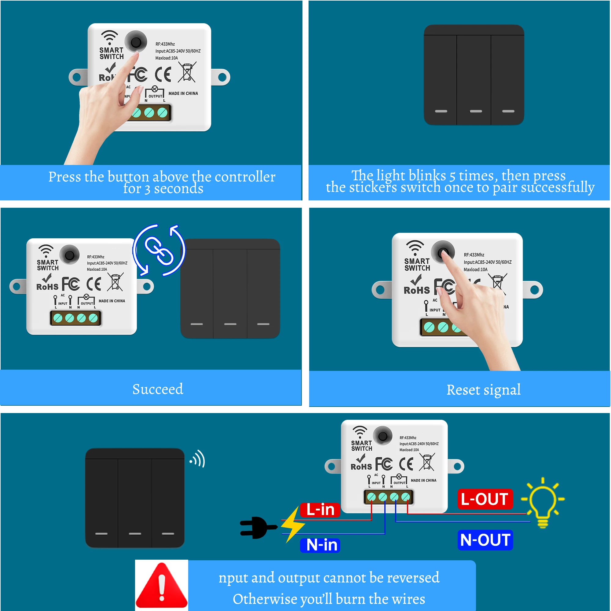 Kit de Interruptor de Luz Inalámbrico RF433 con Receptor de Relé, Control Remoto a Batería, Se Puede Colocar en Cualquier Lugar, Sin Necesidad de Cableado