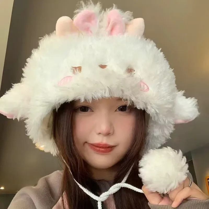 Woman Lamb Ears Plush Hat Sweet and Cute Autumn and Winter Trend Pullover Hat Outdoor Warm Furry Ear Protection Brimless Cap