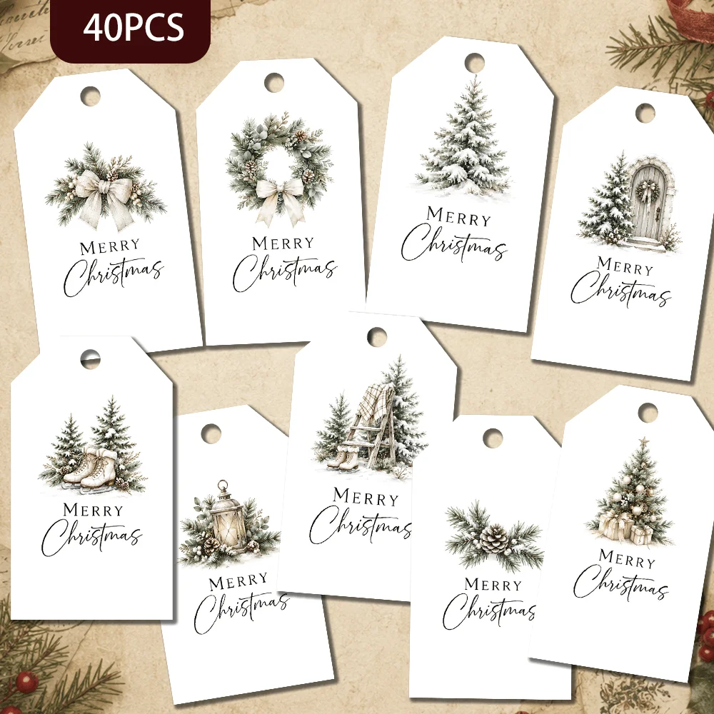 40pcs, Gift Tags, Minimal Pastel Watercolor Xmas, Hanging Paper Labels for Gift Wrapping, Holiday Party Decor with String