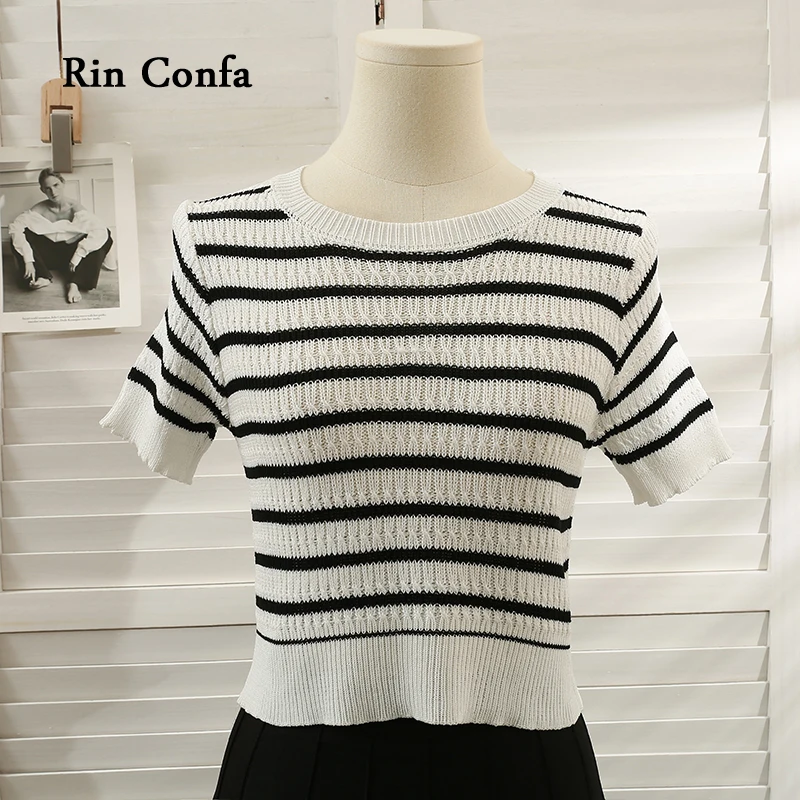 

Rin Confa Summer Slim Knitting Tops Women Korean Fashion Sriped O-Neck Casual T-Shirt All-Match Thin Short Sleeves Top Women's