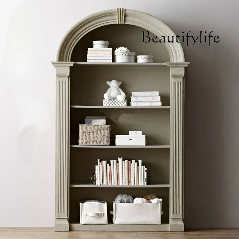 

American-Style Solid Wood Bookcase Semicircle Arch Locker Ivory White Display Cabinet Multi-Layer Bookcase