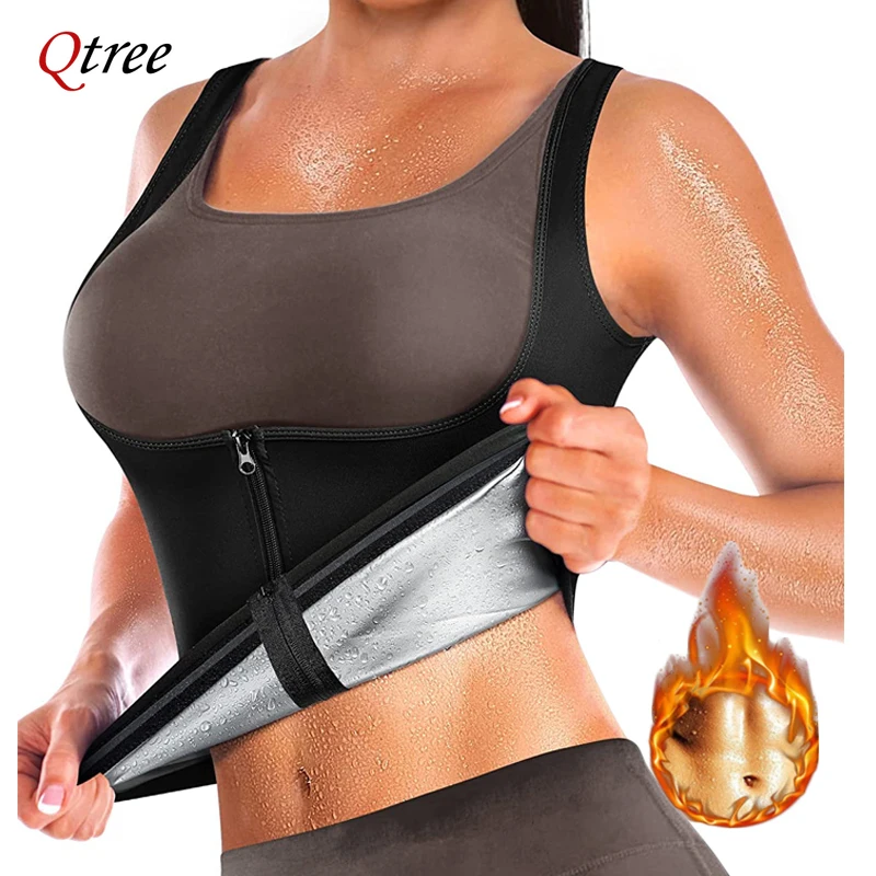 Qtree Saunaanzüge für Damen, Schweißkompression, Bauchtrimmer, Weste, Taillentrainer, Korsett, schlankmachender Body Shaper, Reißverschlussjacke, Workout
