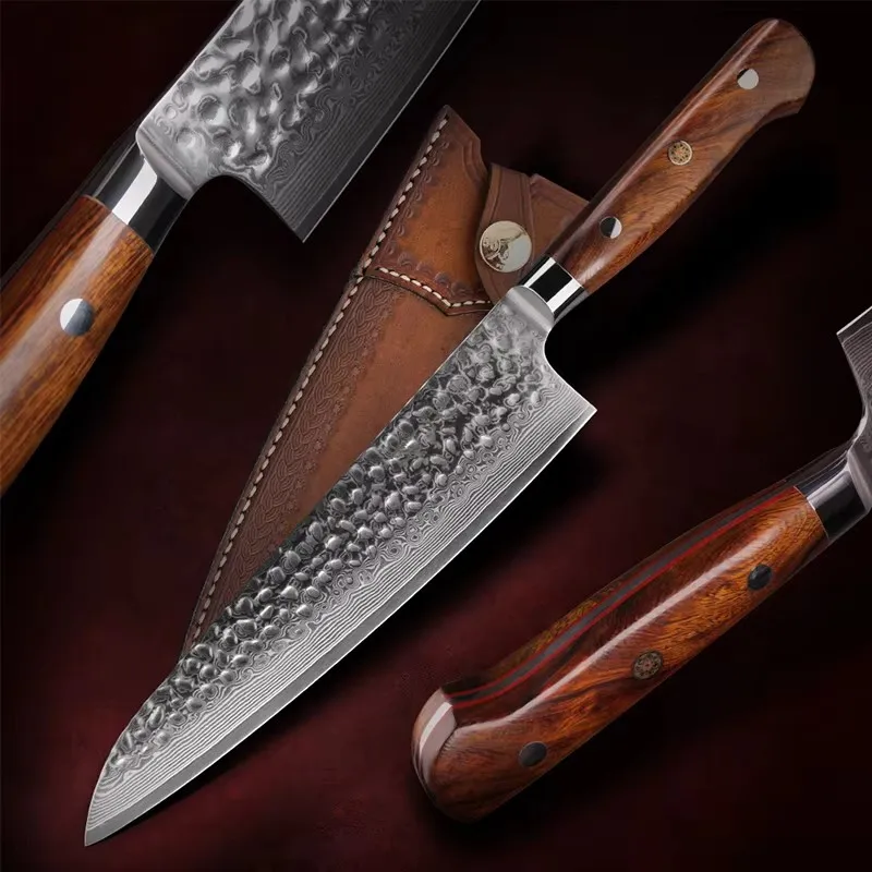 PEDWIFE Full Tang Chef Knife Damascus Steel Knife Professional Kitchen Knives Cooking Knife Desert Ironwood Wooden Handle