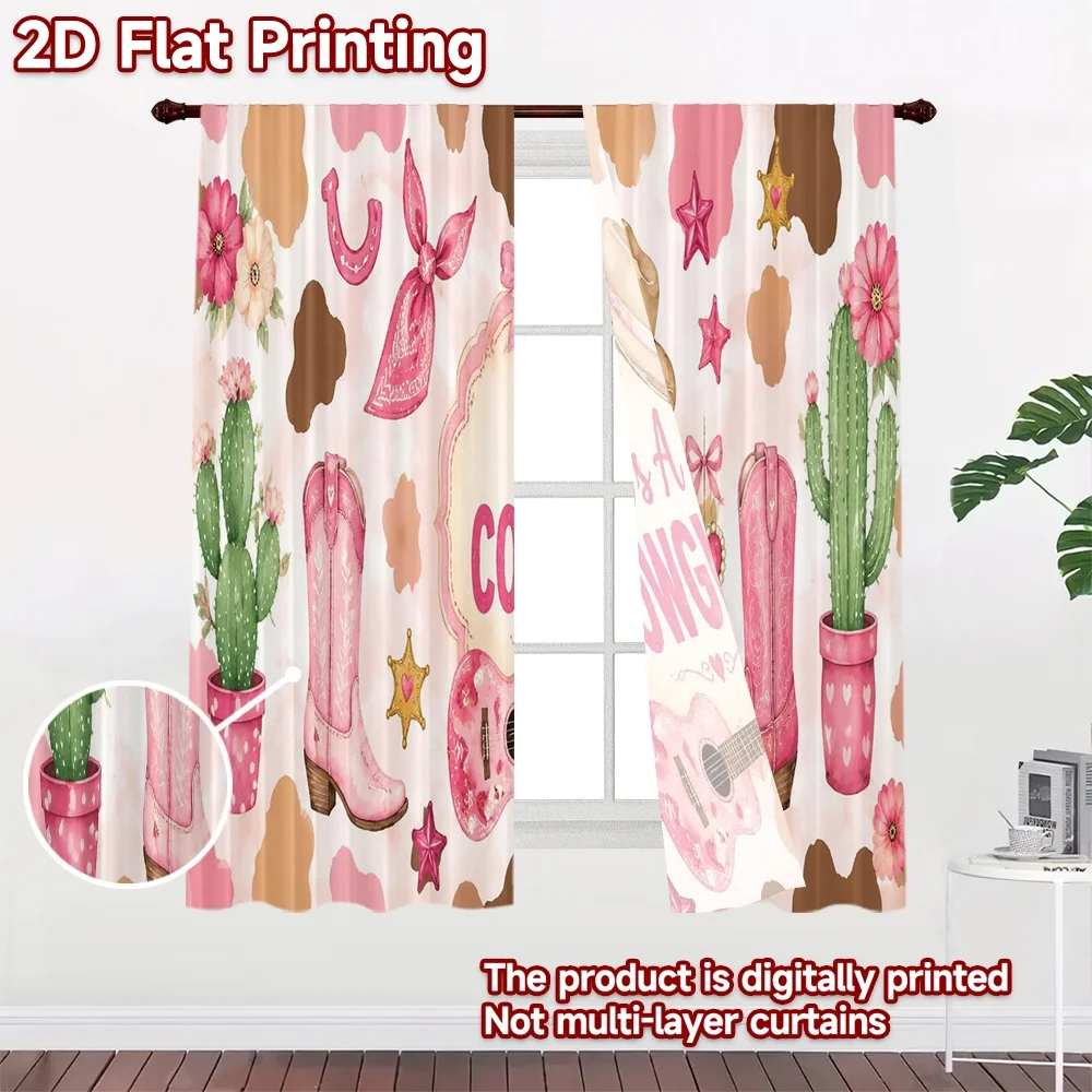 2D FLAT PRINTING 2pcs Curtains (Without Rod) Cowgirl Western Celebration Print Chic Curtains Durable 100% Polyester Fabric