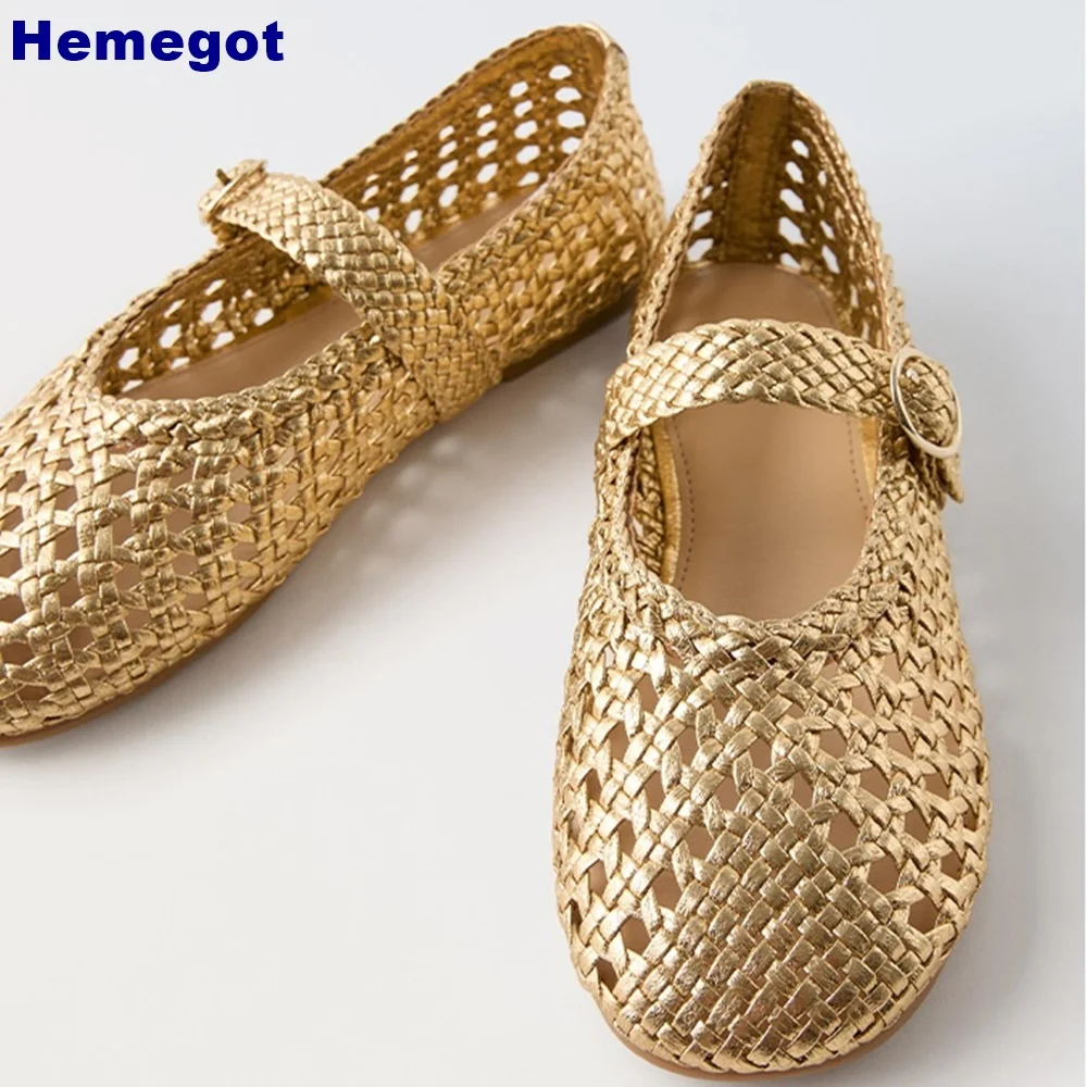 

Round Toe Braided Hollow Roman Sandals Fashion Gold Women Street Buckle Pumps 2024 Summer New Beach Casual Vacation Flat Shoes