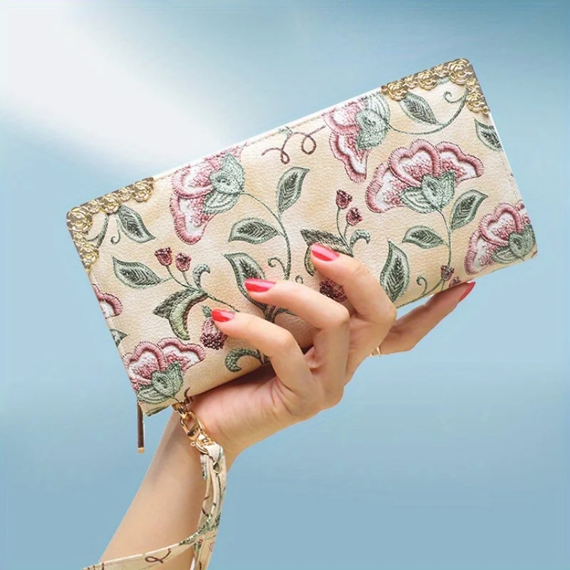 Ethnic Classic Flowers Pattern Long Wallet, Zipper Around Coin Purse, All-Match Aesthetic Coin Purse With Wristband