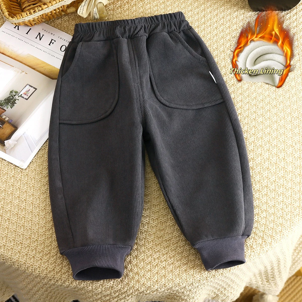 2026 Spring Kids Sweatpants 1-8T Solid Color Thicken Girls Trousers Loose Boys Leisure Pants Korean Children Fleece Trousers