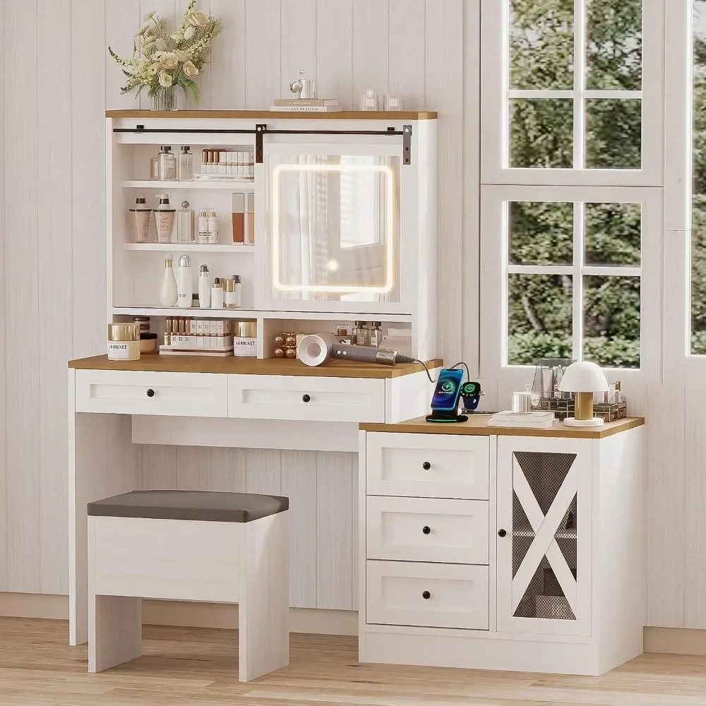 Dressing table with sliding illuminated mirror, white vanity with drawers and side storage， stool and charging station Dressers