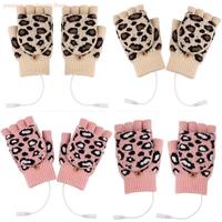 49ME Women Men Winter Knitted USB Heated Fingerless Gloves Leopard Jacquard Adjustable Temperature Timer Convertible Top
