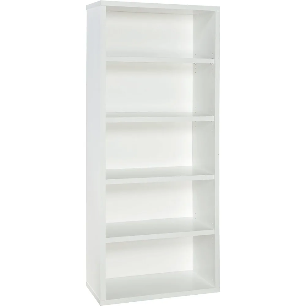 Bookshelf with 5 Shelf Tiers, Adjustable Shelves, Tall Bookcase Sturdy Wood with Closed Back Panel, White Finish