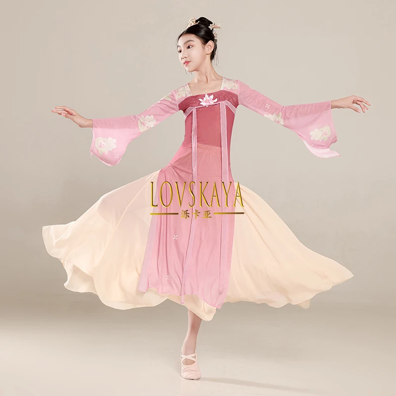 Chinese dance ethnic fan dance costume Children classical dance performance attire girls flowing chest length skirt Hanfu