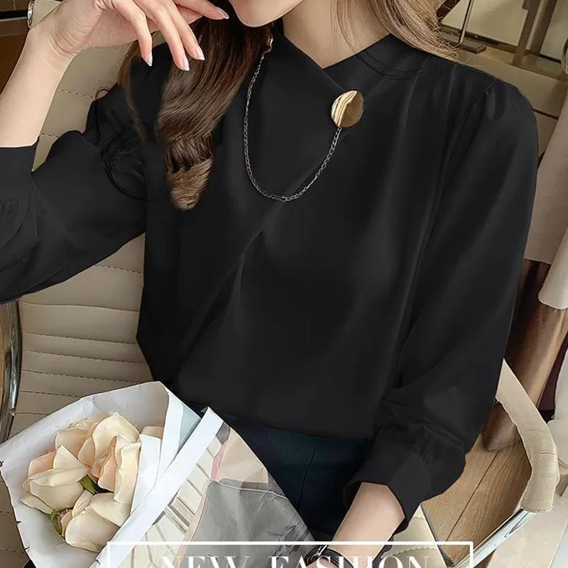 Casual Ladies Solid Color Undercoat Long Sleeve Tops Spring Autumn Office Lady Temperament Shirts 2024 New Women's Clothing