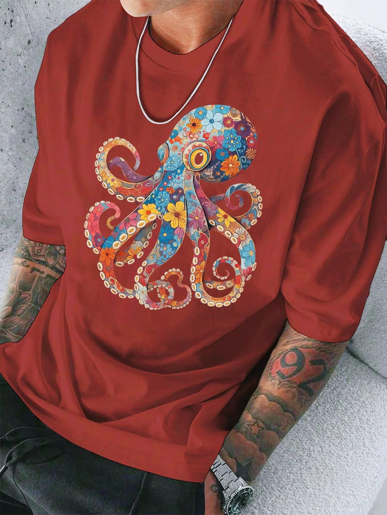 Men's T-shirt Outdoor Style Casual Short Tube Octopus Pattern Letter Print Women's Pure Cotton Hip-hop Loose Couple T-shirt