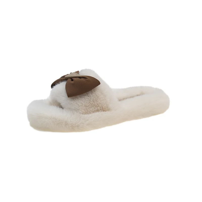 Butterfly-Knot Fur Shoes House Slippers Platform Low Slides Fashion Flock Plush Soft Luxury PU Concise with fur Floral Hoof Heel