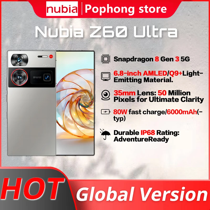 

Nubia Z60 Ultra Global Version 6.8" Snapdragon 8 Gen 3 6000mAh 80W Charging 5G NFC 64MP 35mm Lens Camera IP68