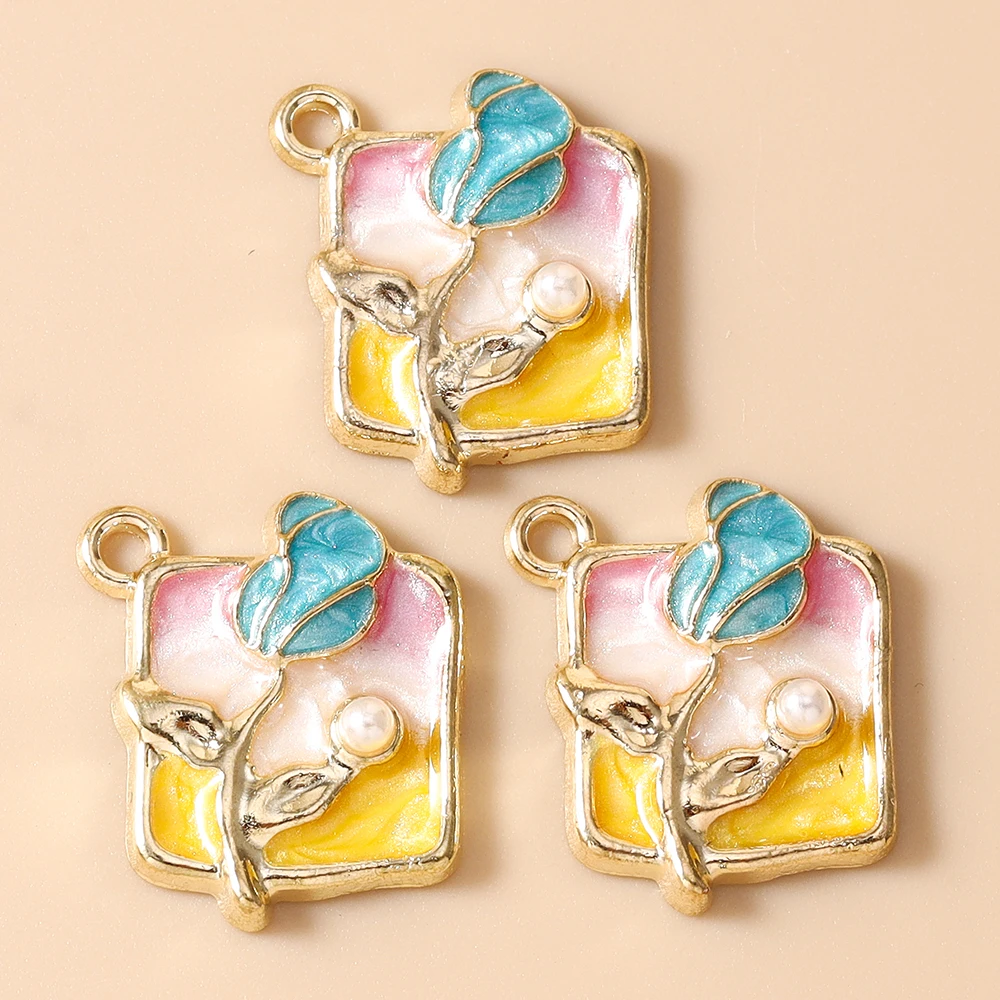Leslie 10 Stück Retro Goldfarbene Ölgemälde-Perlenblumen-Anhänger für DIY Ohrringe, Halsketten, Handgemachter Schmuckherstellung – Detail 21