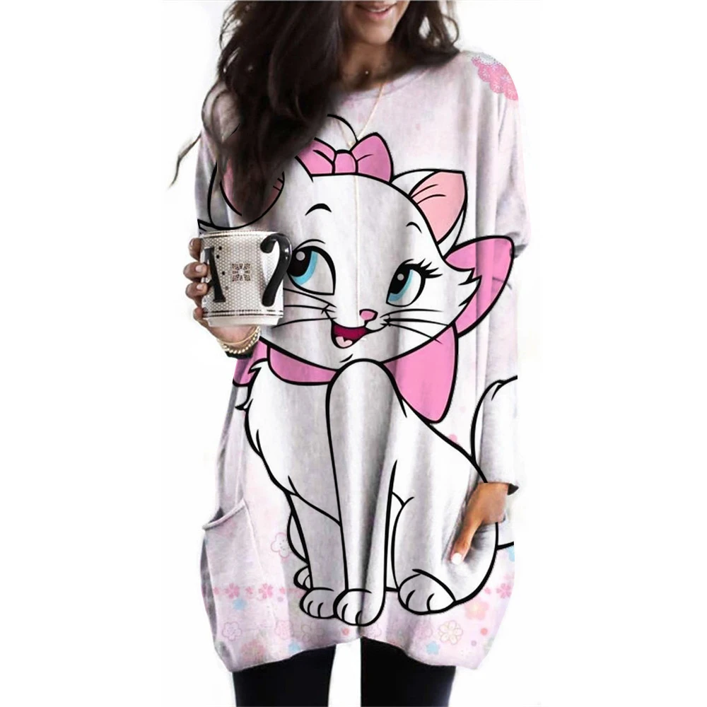 Disney cartoon Mary Cat print Women\'s T-shirts Autumn Long Sleeves T shirt Tops Designer Casual Loose O-neck Women Clothing