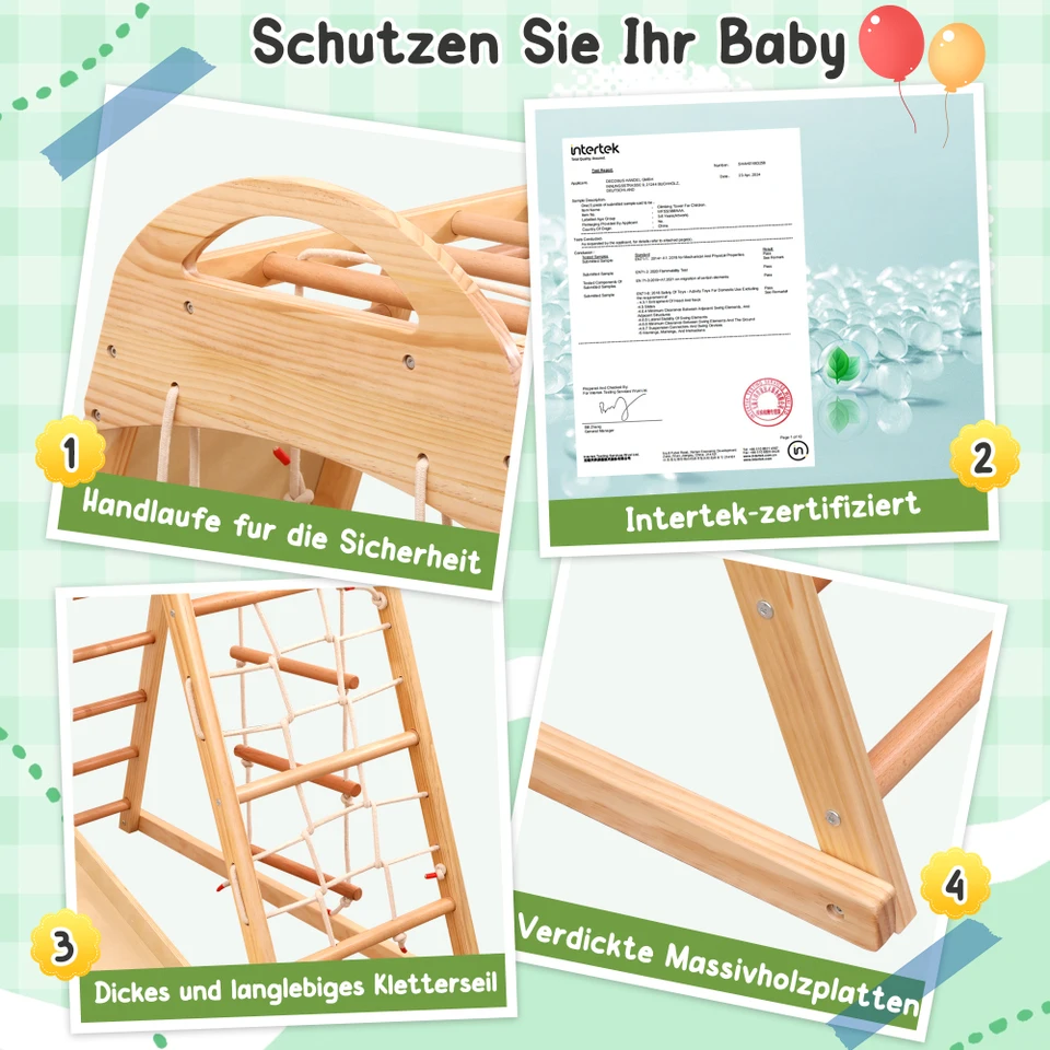 AIYAPLAY 7 En 1 Set De Escalada Montessori De Madera - Incluye Triángulo, Arco, Tobogán, Red Y Piedras, Para Niños De 18 Meses A 4 Años, Fomenta La Coordinación, Hasta 50 Kg De Peso, Madera De Pino Segura