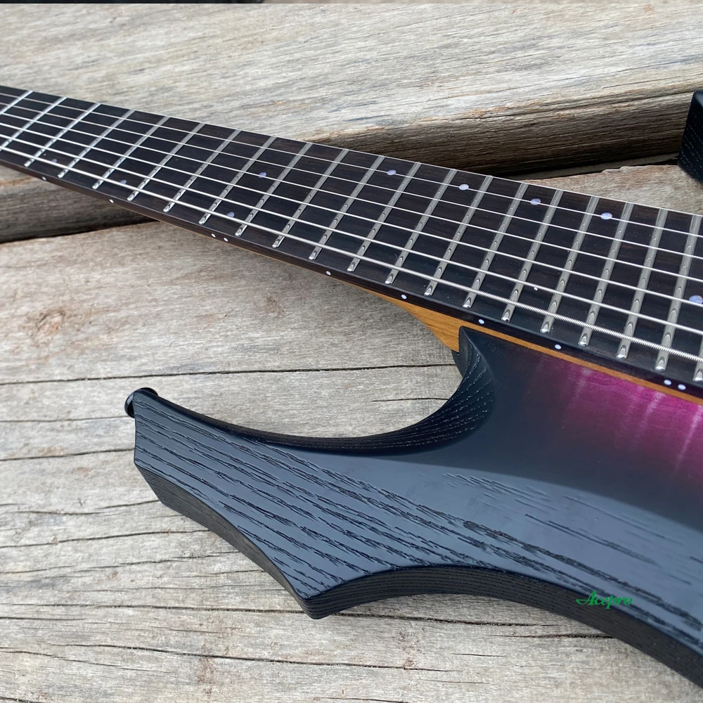 7 String Headless Electric Guitar, Purple Ash Body Flame Maple Top, 9 Piece Roasted Maple Neck, Fanned Frets, Active Pickups