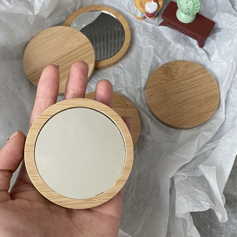 30Pcs Mini Portable Makeup Mirror Simple Wooden Round Mirrors Female Beauty Supplies Home Decor Supplies