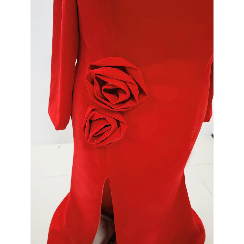 Red 3D Flowers High Neck Long Sleeve Split Prom Dresses Floor Length Formal Occasion Sweep Train Elegant Women Dress 2024