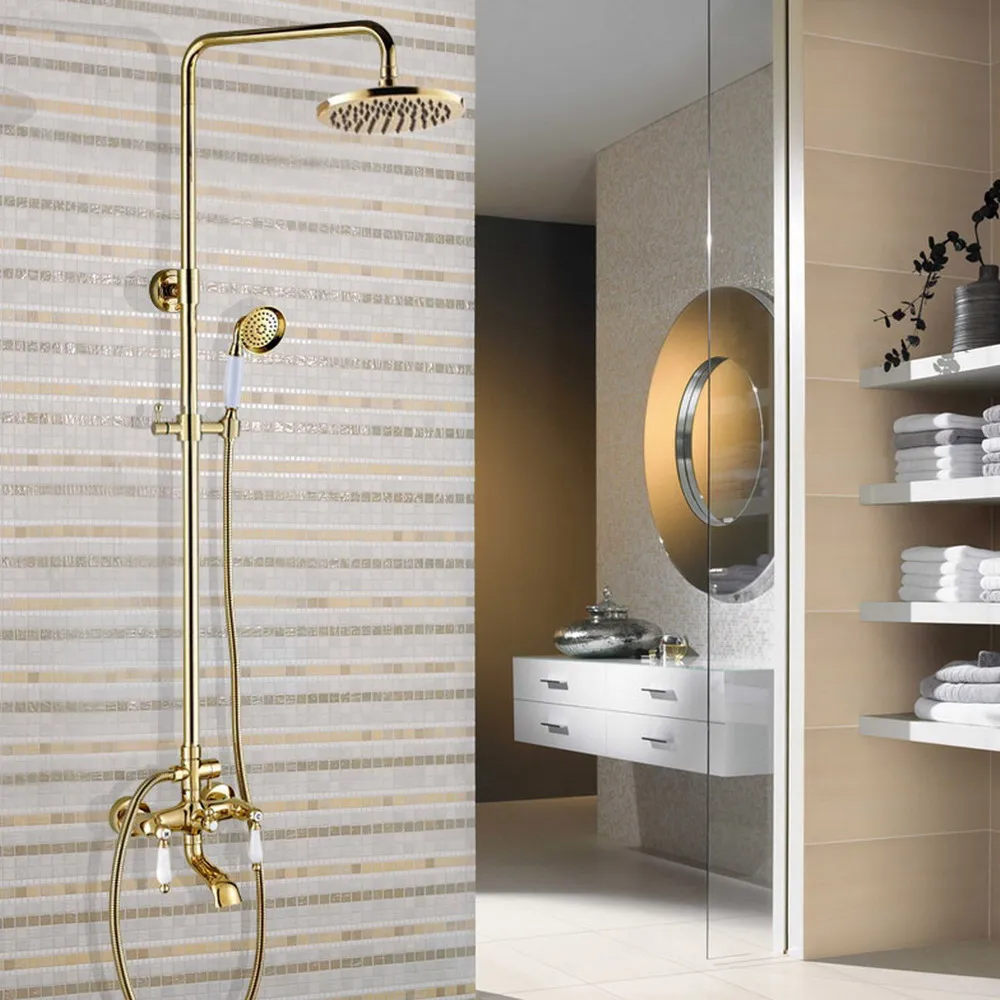 

Polished Gold Shower Faucet Set 8 Inch Shower Head Hand Shower Sprayer W/ Hand Shower Wall Mounted Mixer Tap Ngf374