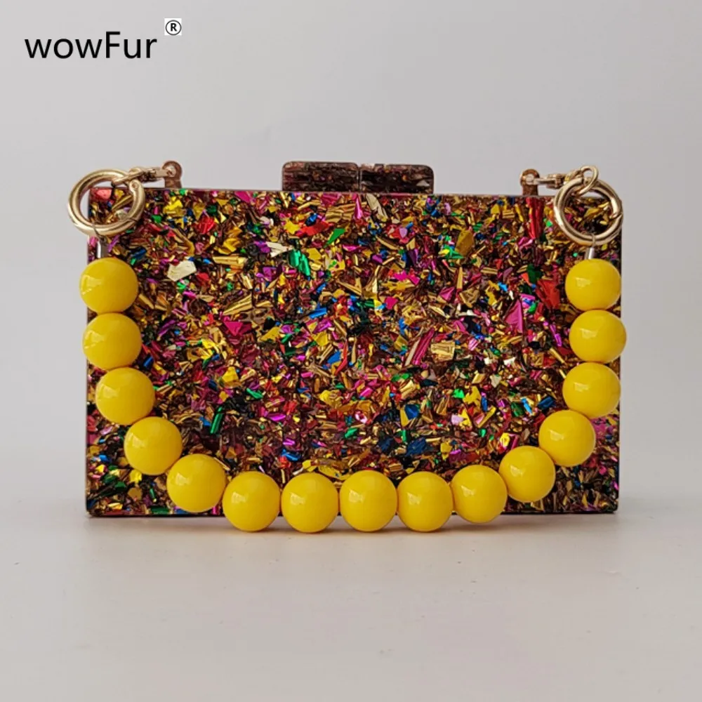 Colorful Yellow Big Glitter Acrylic Box Evening Clutch Purses Women New Designer Luxury Crossbody Bags Wedding Party Small Flap