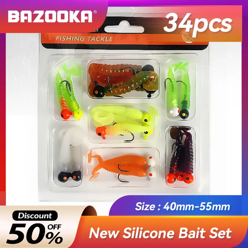 

Bazooka 32pcs Soft Lure Set Silicone Shad Loach Fishing Bait Easy Shiner Artificial Wobblers Jighead Jigging Head Winter Kit