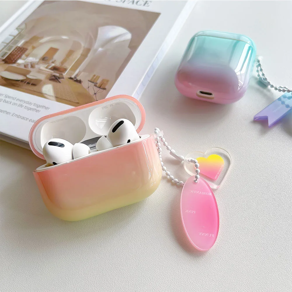 Fashion Gradient Rainbow Color Cute Glossy IMD Earphone Case For AirPods Pro 3 Protection Cover For Air Pods 1 2 Heart Pendant