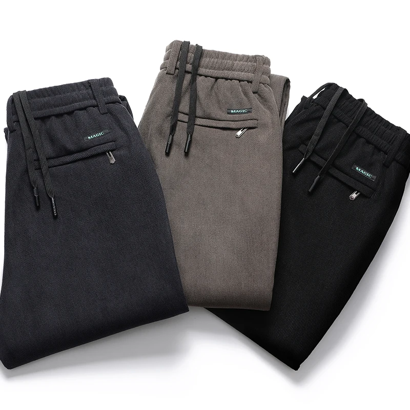 Big Size Men's Fleece Casual Pants Winter Thick Trousers Loose Sport Casual Pants Drawstring Windproof Classic Corduroy Pants