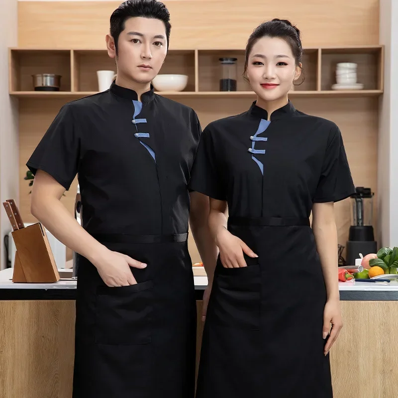 معاطف الشيف بأكمام قصيرة لخدمة الطعام للرجال في المطاعم والمطبخ، زي العمل، ملابس الطبخ، ياقة واقفة، قمصان عمل السوشي
