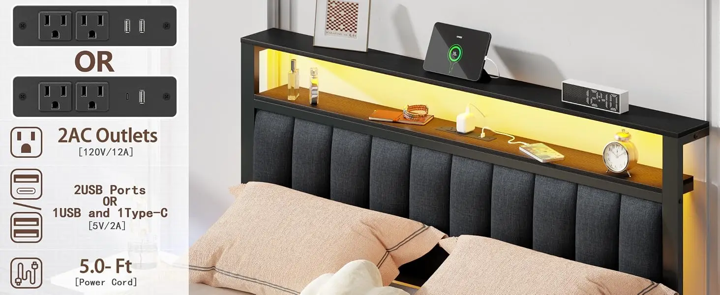 Queen Bed Frame with Charging Station