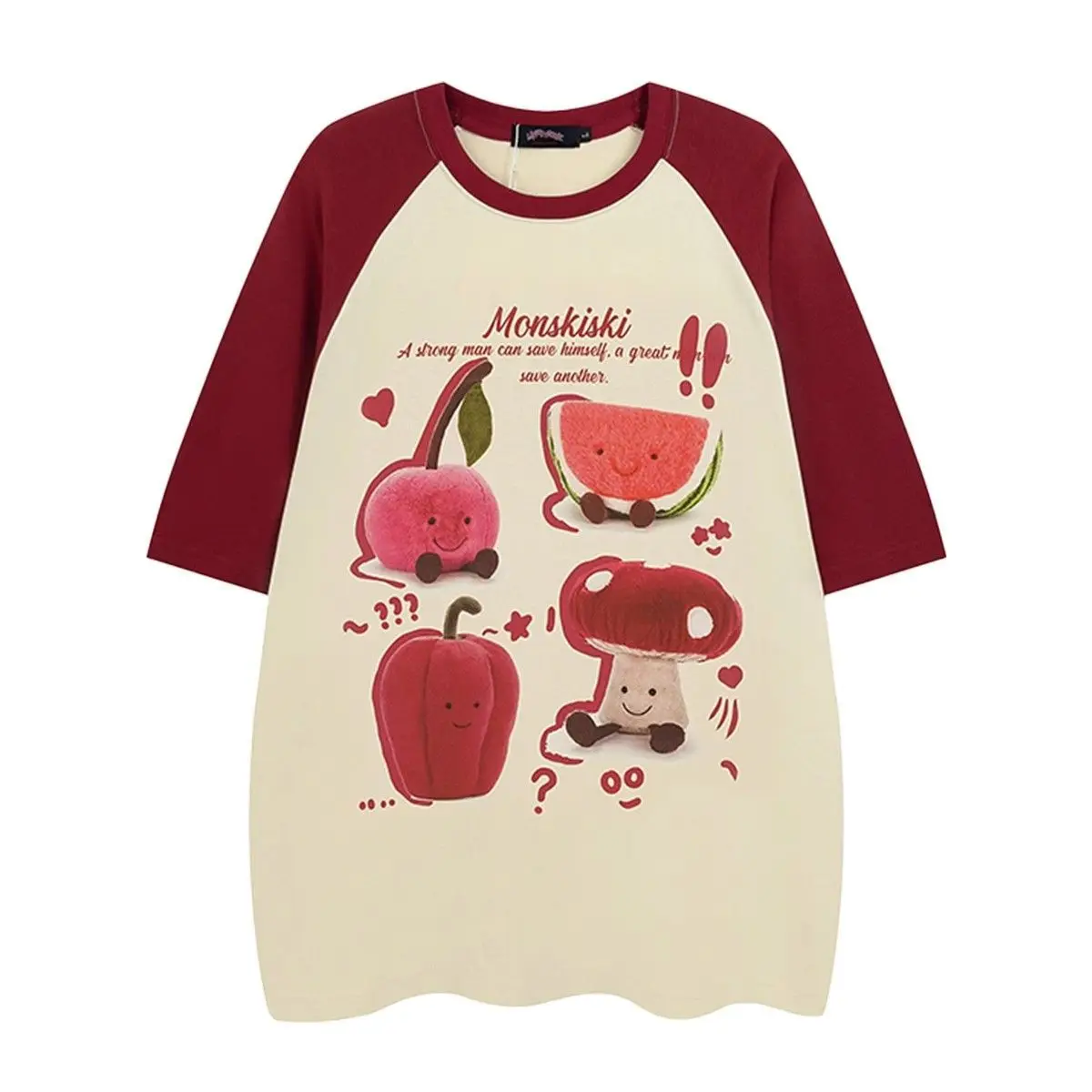 Creative Personality Cute Fruit Print Raglan Sleeve Stitching Design Niche T-Shirt Female Summer New Couple Women Men 2023 New