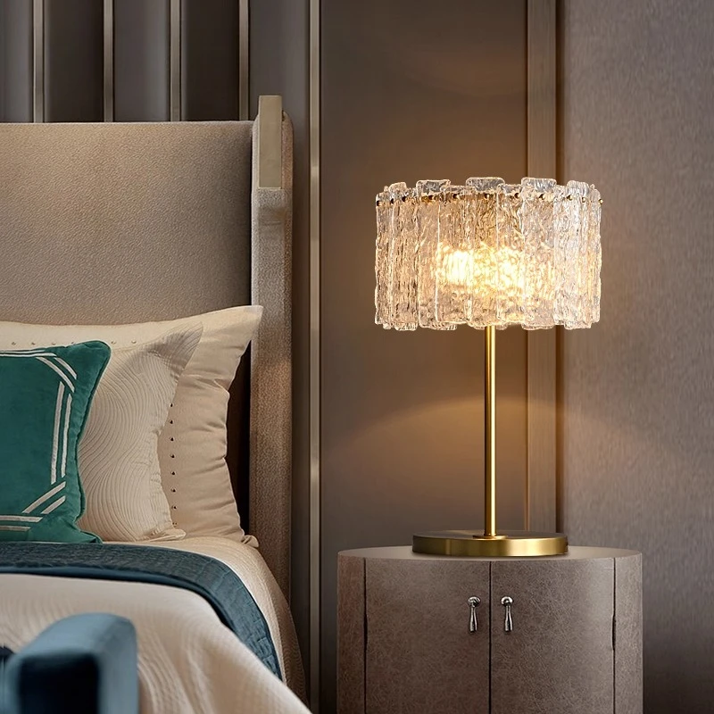 Nordic Gold Copper Base Table Lamps Rotundity Ripple Glass Lampshade Modern Living Room Bedroom Restaurant Study LED Desk Lights