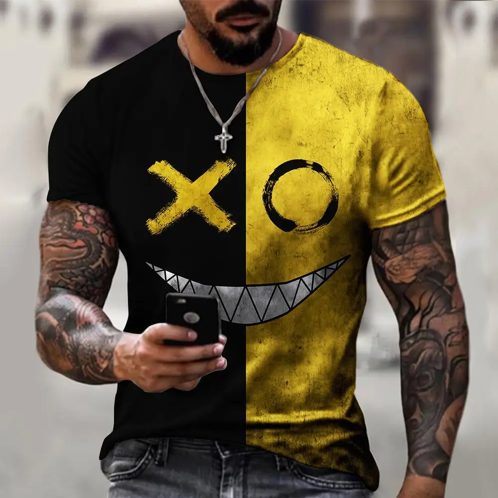 Men 3D Full Print Tee Neon Devil Grin Face Splash Print Crew Neck Casual Summer Street Top
