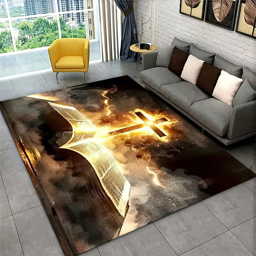 Cross Holy Book Pattern Area Rug, Durable Washable Easy‑Clean Floor Decor, Versatile Home Ornament for Living Room, Bedroom