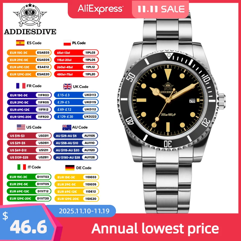 Addiesdive relógios de pulso de quartzo para homens bolha espelho vidro moldura cerâmica 200m à prova dwaterproof água aço inoxidável luminoso relógio luxo