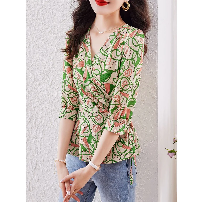 Women Summer Clothing 2023 New Korean Fashion Print Lace Up Elegant Blouses Casual V Neck 3/4 Sleeve Shirts Chic Slim Tops Blusa