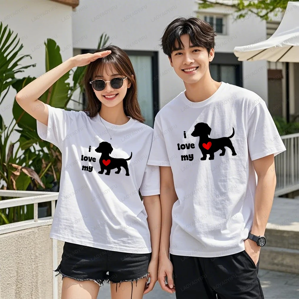 Ich liebe mein Herz, mein Wursthund, Paar, grafische T-Shirts, Frau, Mann, Sommer, Outdoor, Urlaub, Alltagskleidung, Baumwoll-T-Shirt, Cartoon-Tops