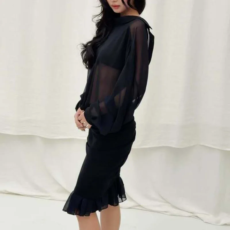 Women's Micro Thin Long Sleeve Shirt Maxi Dress, High Quality Dress, 2026, New, y2k, Front and Back Wrap Body Fishtail Dress