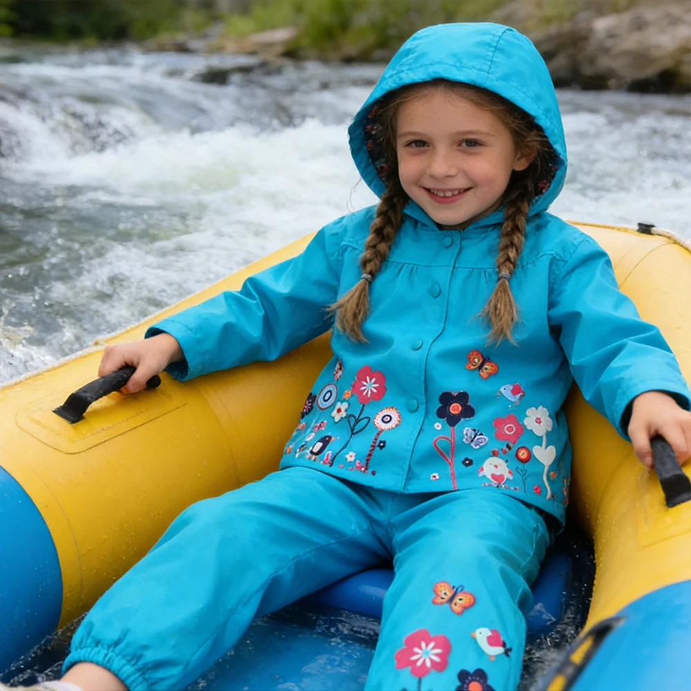 Abrigo impermeable de manga larga para niños + Pantalones, traje de 2 uds para niñas, impermeable, ropa para bebés, sudadera con capucha con estampado de flores para niños, ropa impermeable