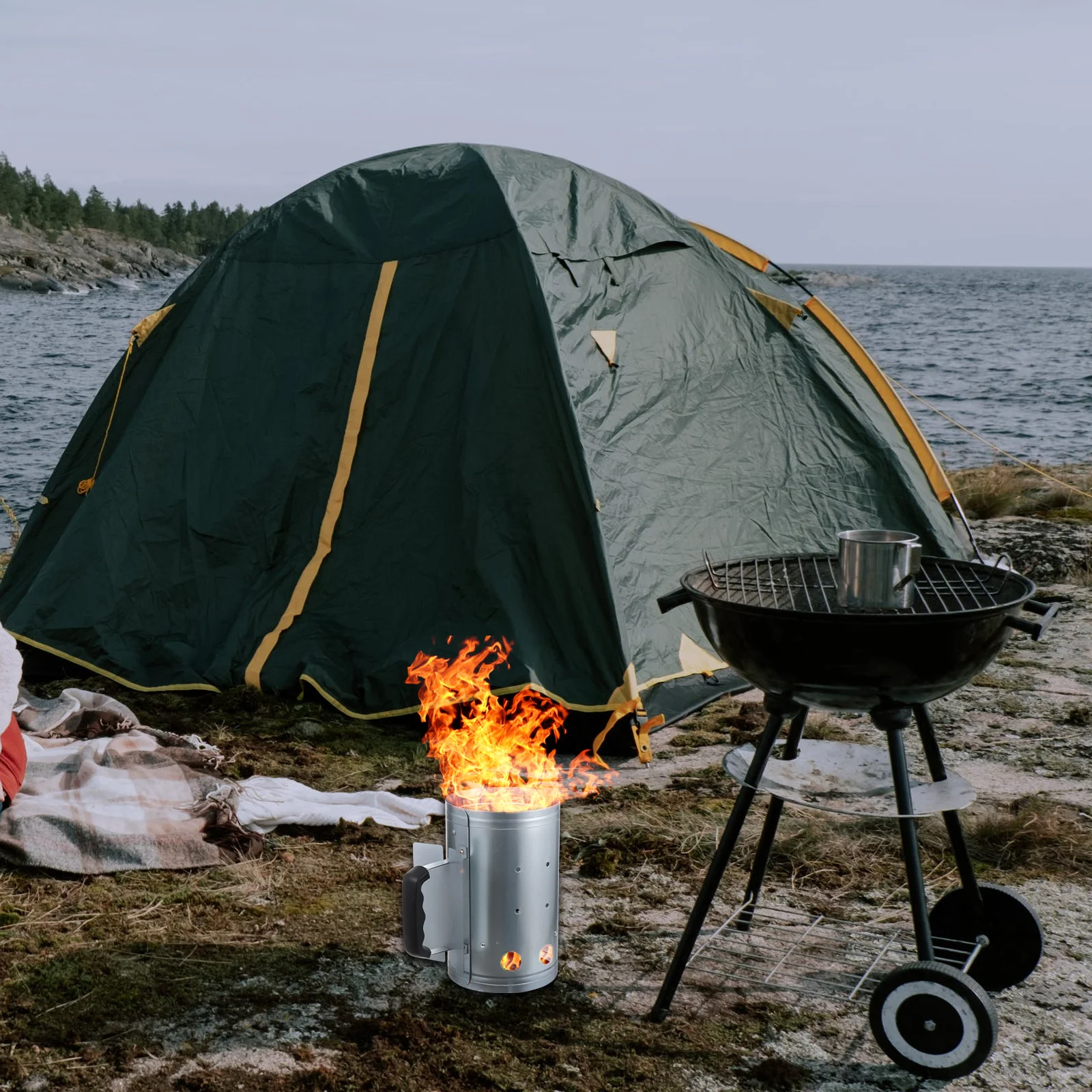 

1 шт., уличный угольный дымоход, стартер, термостойкая ручка, пожарный стартер для барбекю, быстрый зажигание, гриль, инструмент для барбекю