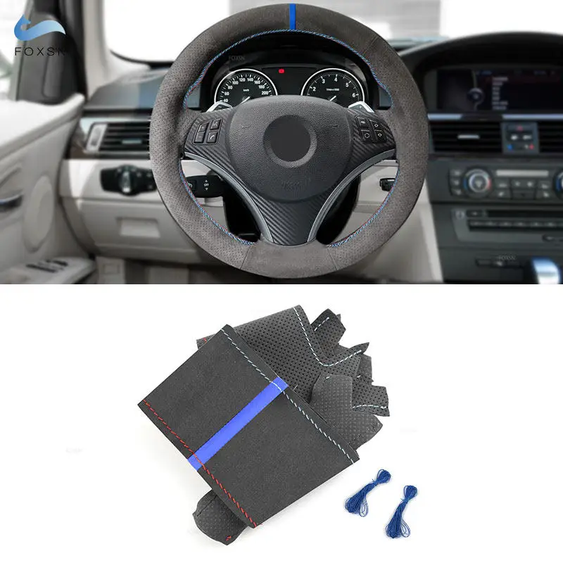 

Для BMW E82 E87 E90 2006-2011 X1 E84 2013 1,2 мм Замшевая кожа сшитая вручную накладка на руль автомобиля красная синяя линия синяя планка