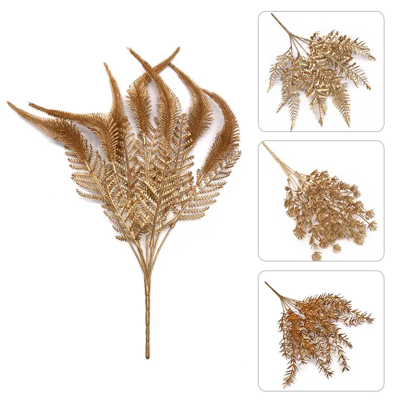 Shiny Golden Artificial Plants Gold Silver Leaf Scene Layout Christmas Decor Flower Bouquet Glitter Powder Branch Wedding Deco