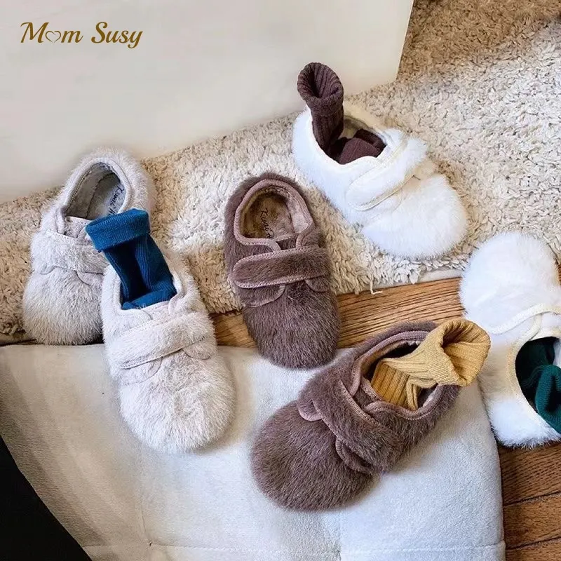 

Fashion Baby Girl Boy Faux Fur Fluffy Shoes Child Flat Shoes Winter Soft Bottom Hook Loop Band Warm Casual Shoe Chaussure Enfant